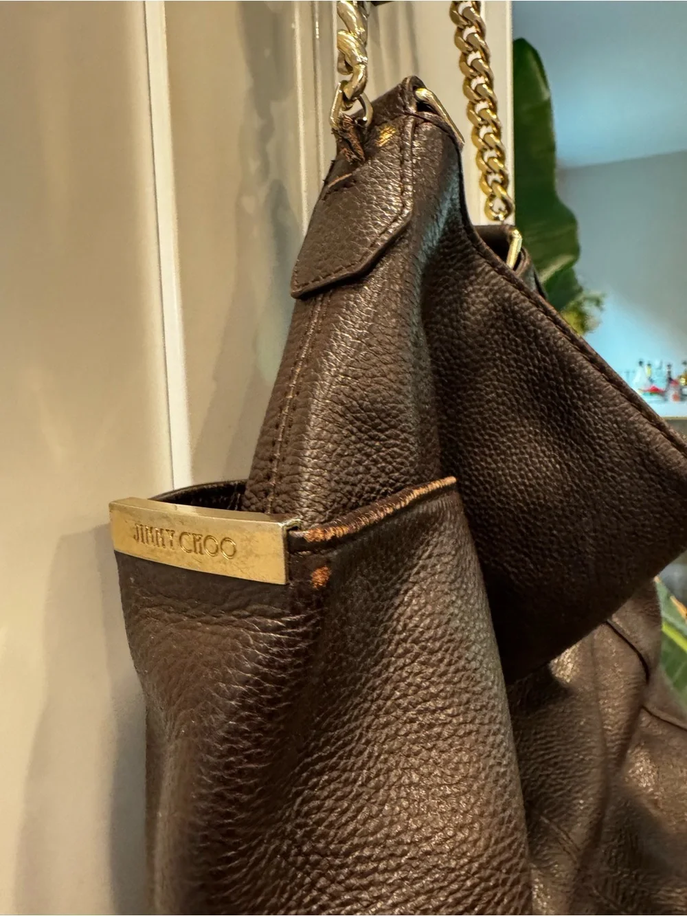 Jimmy Choo Dark Brown Leather Hobo Bag Silver Hardware Flaws Rare